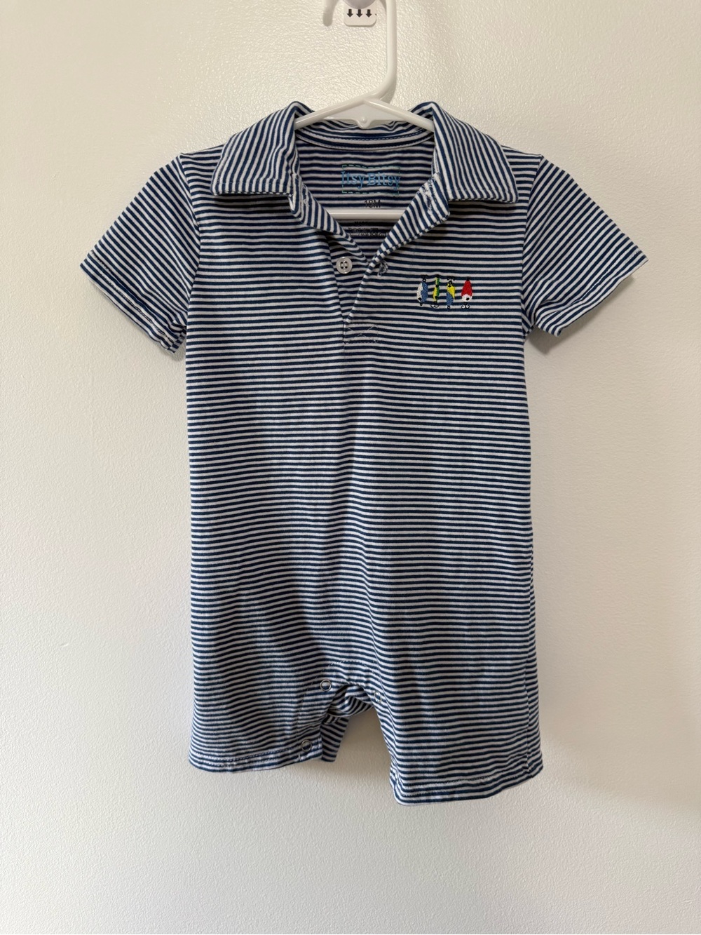 Striped Navy & White Polo Romper with Fishing Embroidery